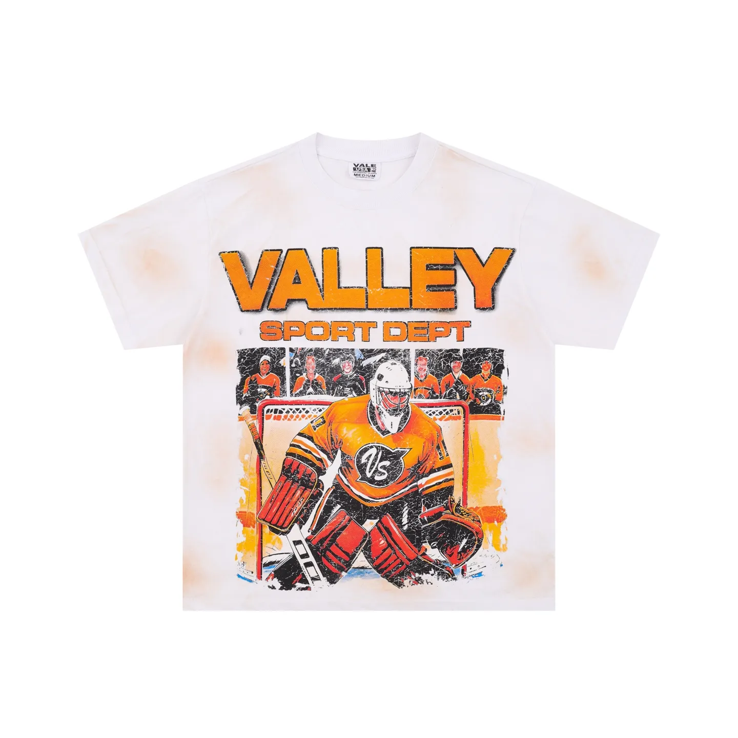 V510# P116 Vale Forever Valley Sport Dept Tee Washed and Distressed American Trendy T-Shirt Short Sleeve Vale is currently the most popular young street fashion brand in the United States. It is famous for its innovative interpretation of traditional American style and streetwear, creating a unique texture through the use of heavy printing, zippers and distressed patches.  color: White (washed white) size: S M L XL